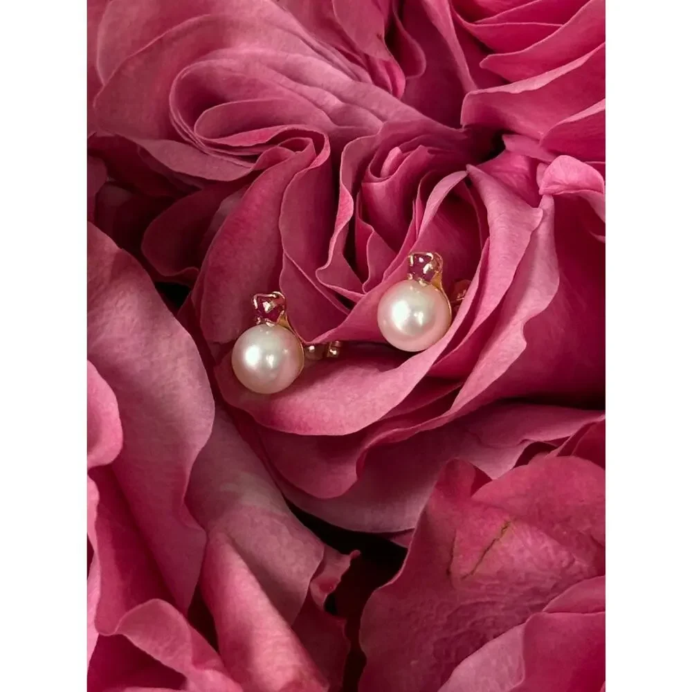 14K Yellow Gold Pearl & Ruby Stud Earrings